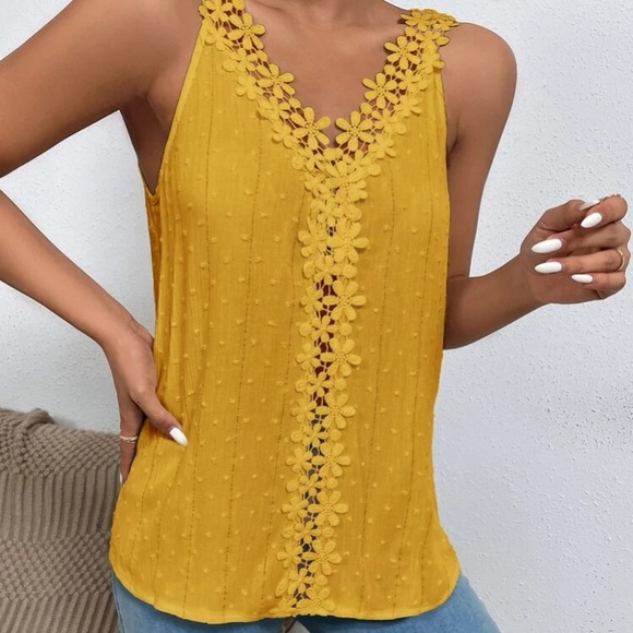 Mustard yellow Swiss dot lace detail blouse - Picture 5 of 15
